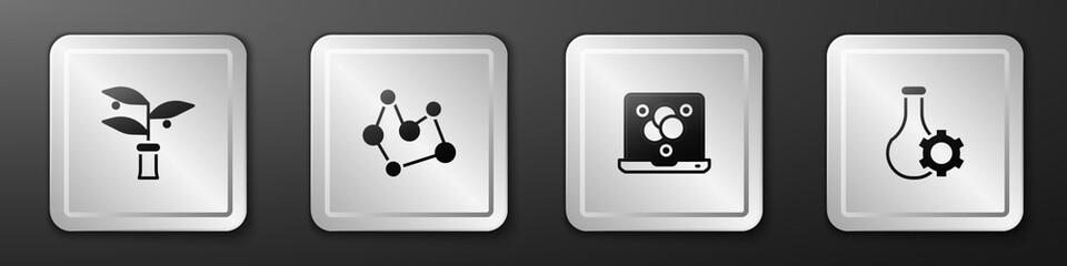 Set Plant breeding, Chemical formula, and Test tube icon. Silver square button. Vector
