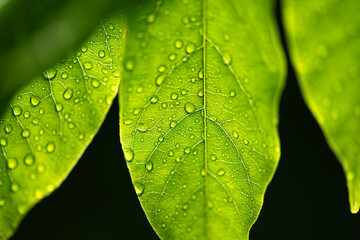 Closeup shot of a water drops on green leaves in summer rainforest. Floral texure. Macro photography. Nature concept background