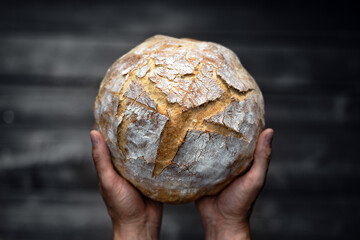 Traditional leavened sourdough bread in baker hands on a rustic wooden table. Healthy food...