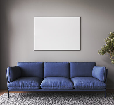 Modern livingroom mockup with dark blue sofa and green plant tree background. Modern rug, picture frame and empty gray wall. 3d rendering. High quality 3d illustration