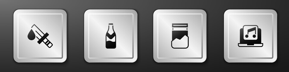 Set Bloody knife, Beer bottle, Plastic bag of drug and Laptop with music icon. Silver square button. Vector