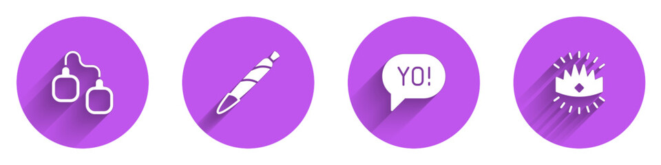 Set Handcuffs, Marijuana joint, spliff, Yo slang lettering and King crown icon with long shadow. Vector