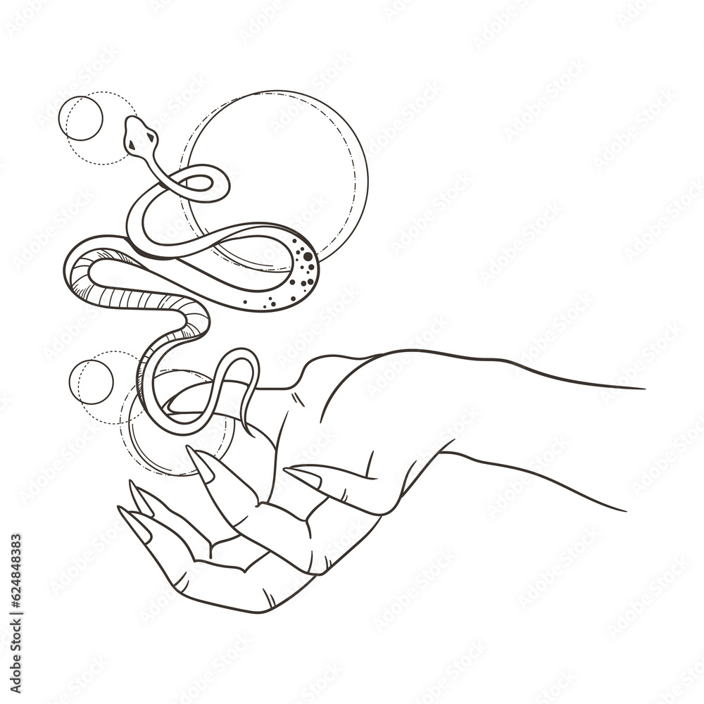 Wall mural mystical human hand, snake and abstract shapes, magic unreal composition for print, black and white 