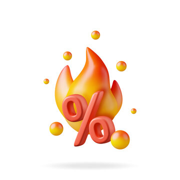 3D Percent Sign and Fire Flame Icon Isolated. Render Flame and Percentage Symbol. Percentage, Sale, Discount, Promotion and Shopping Symbol. Offer, Price Tag, Coupon, Bonus. Vector Illustration