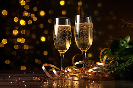 Sparkling Celebration Glasses of Champagne at New Year Party. created with Generative AI