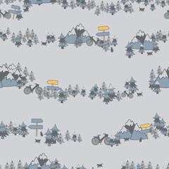 Vector muted blue forest mountains repeat pattern