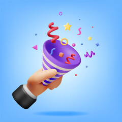 3D Party Popper with Confetti in Hand Isolated. Render Plasticine Confetti Collection. Colorful Firecracker Elements in Various Shapes. Party, Holyday Surprise or Birthday Events. Vector Illustration