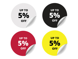 5% off round sticker sign. 5% off circle sticker banner colors set, badge symbol vector illustration