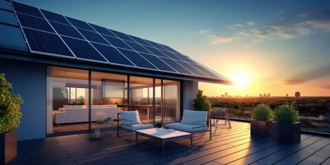 solar panels integrated seamlessly into modern architecture. Created with generative AI technology