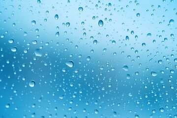 Raindrops on glass. Blue, light background. AI generation