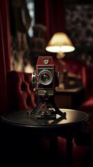 Vintage fictional style camera in retro style setting with background boho lighting. 