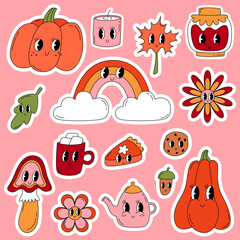 Set autumn groovy stickers. Fall elements in 70s-80s style. Pumpkins, flowers, mushroom, rainbow, pumpkin pie, cocoa mug, cookies, leaf, teapot, jam and candle.