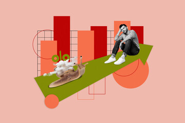 Collage portrait of black white effect disappointed guy slow crawling snail percent symbol arrow...
