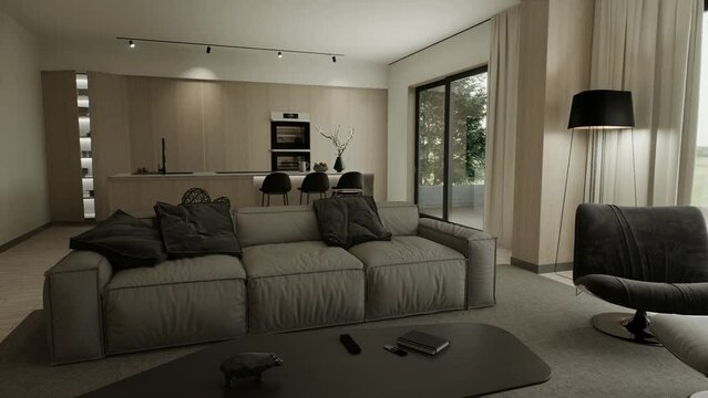 Interior of studio, living room and kitchen with open space. 