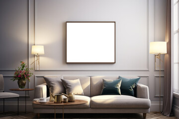 Blank horizontal poster frame mock up in living room interior, modern living room interior background. Generative AI