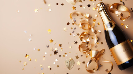 Celebratory Sparkle Champagne Bottle with Confetti Stars on Gold Festive Background. created with Generative AI