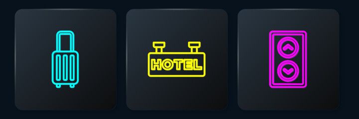 Set line Suitcase, Lift and Signboard with text Hotel. Black square button. Vector