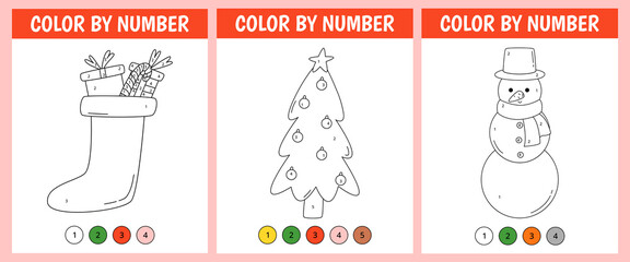 Set color by number game for kids. Cute snowman, sock with gift box, christmas tree. Christmas coloring page. Printable worksheet with solution for school and preschool. Learning numbers activity.