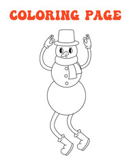 70s, 80s groovy coloring page, retro print with line cute snowman. Printable worksheet with solution for school and preschool. Christmas holiday, happy new year.