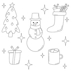 Set outline christmas retro groovy elements in 70s-80s style. Sock with gift, mug with cocoa and marshmallow, christmas tree, gift box, snowman.