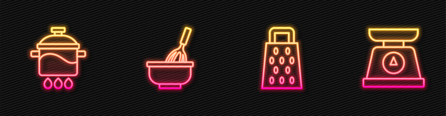 Set line Grater, Cooking pot, Kitchen whisk with bowl and Scales. Glowing neon icon. Vector