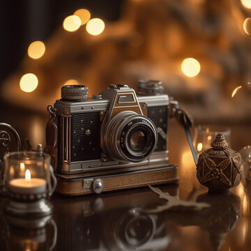 Vintage fictional style camera in retro style setting with background boho lighting. 