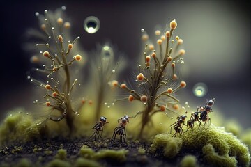 Ants on moss with bubbles in the background