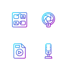 Set line Microphone, AVI file document, Storyboard and Camera shutter. Gradient color icons. Vector