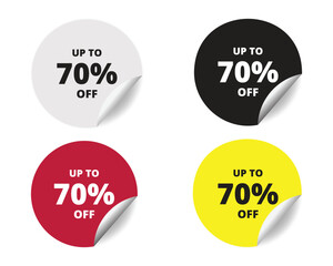 70% off round sticker sign. 70% off circle sticker banner colors set, badge symbol vector illustration