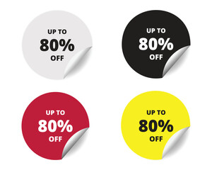 80% off round sticker sign. 80% off circle sticker banner colors set, badge symbol vector illustration