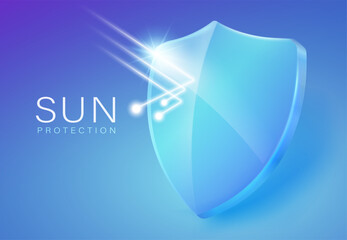 Ultraviolet light shield The screen protects the sun from UV rays. Advertising symbol icon. Sunscreen, skin care, lotion. Realistic vector file.