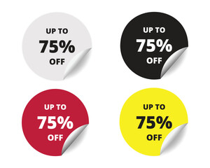 75% off round sticker sign. 75% off circle sticker banner colors set, badge symbol vector illustration