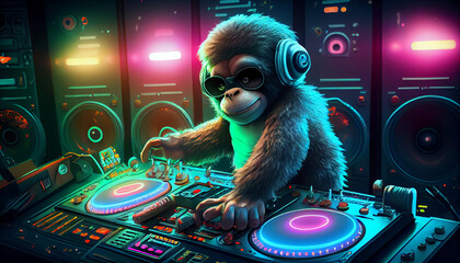 Funny monkey dj at turn table console, disco edm party, night club illustration Ai generated image - obrazy, fototapety, plakaty