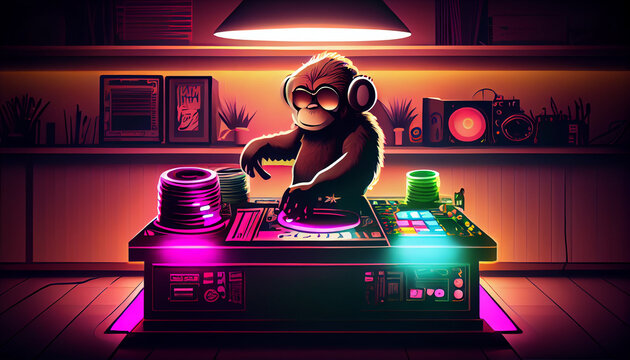 Funny monkey dj at turn table console, disco edm party, night club illustration Ai generated image