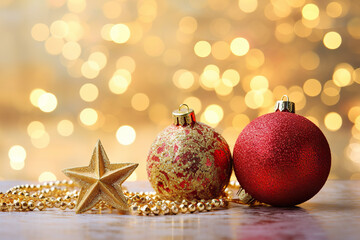 Glamorous Holiday Elegance Christmas Decorations in Red and Gold on a Sparkling Glitter Background. created with Generative AI