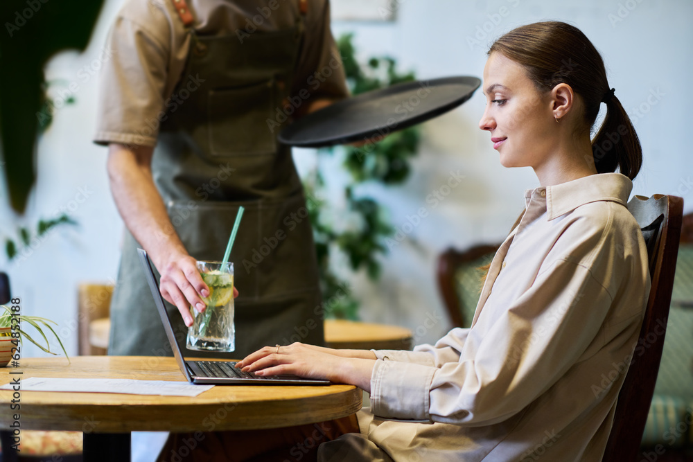 Poster young brunette woman looking at laptop screen and networking while waiter with tray putting glass of