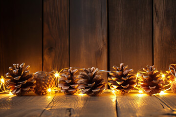 Golden Glow of Holidays: Christmas Golden Garland Lights and Pine Cones on Wooden Background. created with Generative AI