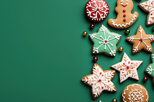 Delicious Delights Flat Lay Composition of Tasty Homemade Christmas Cookies on Green Background. created with Generative AI