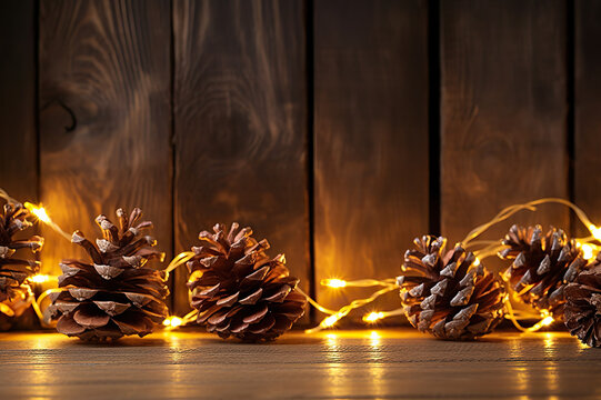 Golden Glow of Holidays: Christmas Golden Garland Lights and Pine Cones on Wooden Background. created with Generative AI