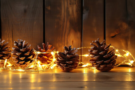 Golden Glow of Holidays Christmas Golden Garland Lights and Pine Cones on Wooden Background. created with Generative AI