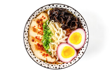 miso ramen with chicken and egg marinated in beetroot juice on white background for online delivery menu