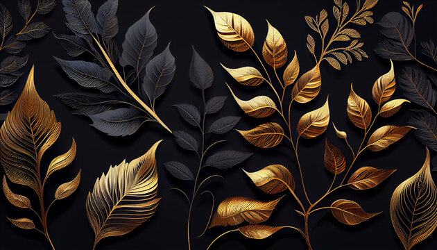 Beautiful seamless pattern with black and golden leaves. Luxurious botany endless texture. Wrapping paper or textile design template Ai generated image