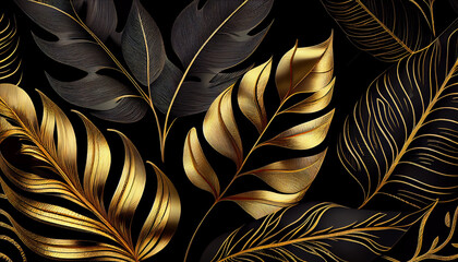 Beautiful seamless pattern with black and golden leaves. Luxurious botany endless texture. Wrapping paper or textile design template Ai generated image