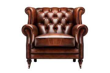 Vintage Brown Leather Luxury Armchair Isolated on Transparent Background. AI