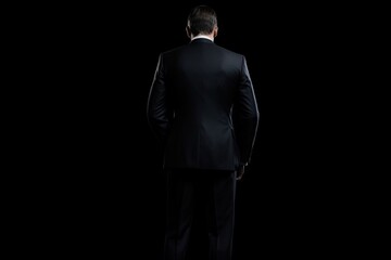Business Concept. Isolated Businessman in Black Suit on black Background