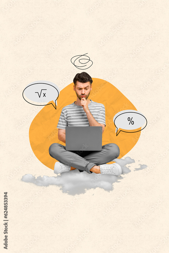 Poster Vertical collage image of minded focused guy sitting cloud use netbook think ponder bubble count finance isolated on creative background