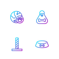 Set line Pet food bowl for cat or dog, Cat scratching post with toy, World pet and Dog collar bone. Gradient color icons. Vector