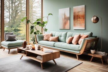 Comfort, furniture and interior concept - sofa with cushions at cozy home living room with posters on wall. AI generative.