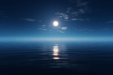 An awe-inspiring shot of a full moon rising over a calm ocean, casting a path of shimmering silver on the water's surface. - Powered by Adobe