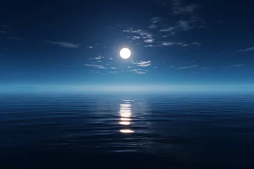 Deurstickers Ochtendgloren An awe-inspiring shot of a full moon rising over a calm ocean, casting a path of shimmering silver on the water's surface.